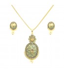 Golden Pendent Set with Earrings, Gold Color with Green Color Crafting, KEP-3872, Fashion Jewelry